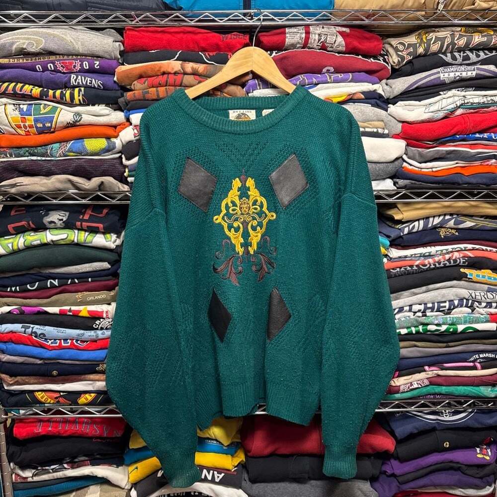 Vintage 90s Hotline Jackie Vital Collection Green Acrylic Sweater with Genuine L
